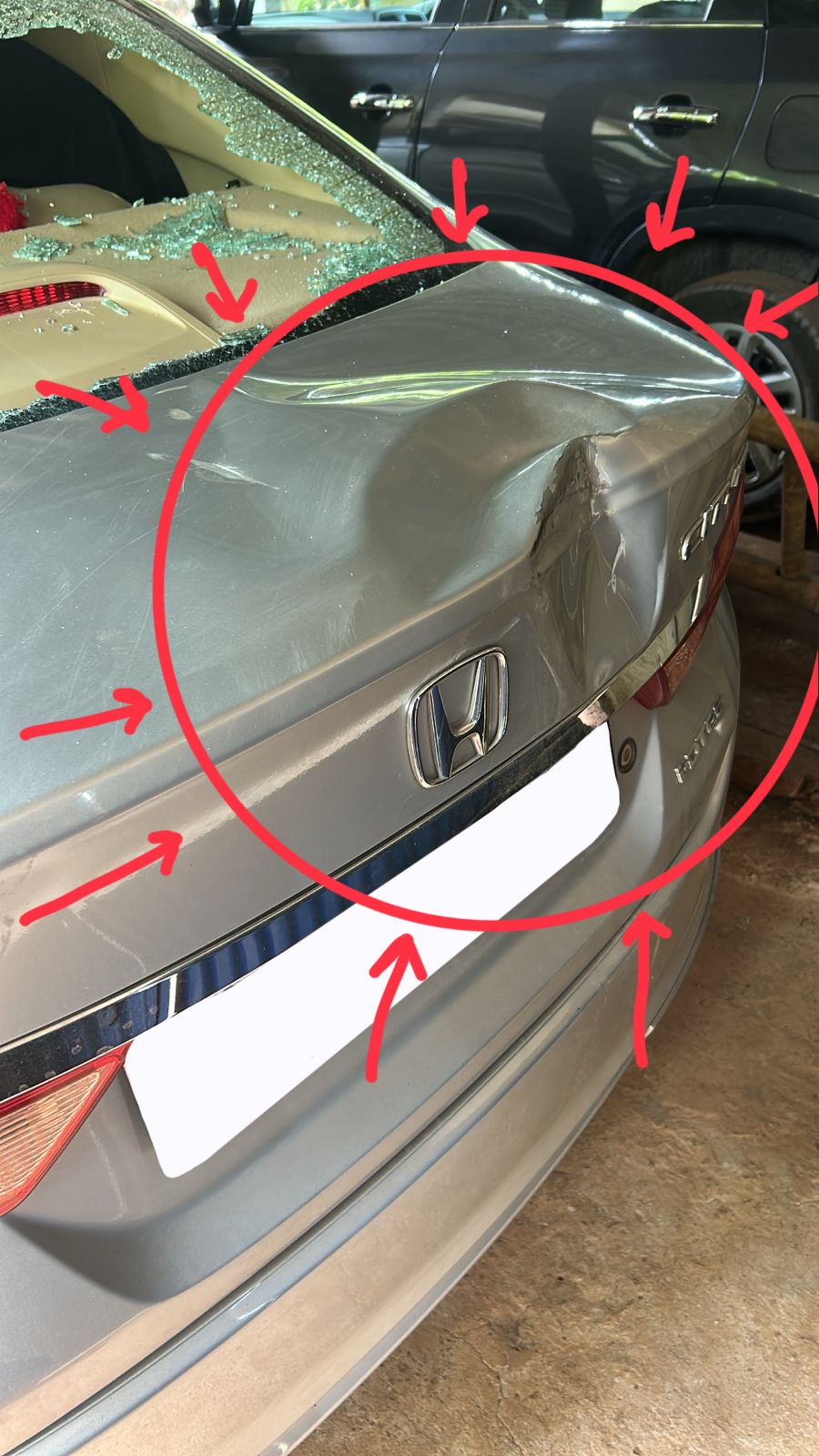 Vehicle with panel dent and sanding preparation before restoration